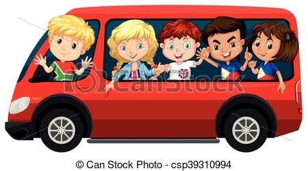 ... Boys and girls on red van illustration