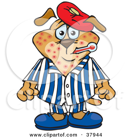Brown Dog Sick With The Chicken Pox Wearing A Cold Pack On His Head And Biting A Thermometer In His Mouth by Dennis Holmes Designs