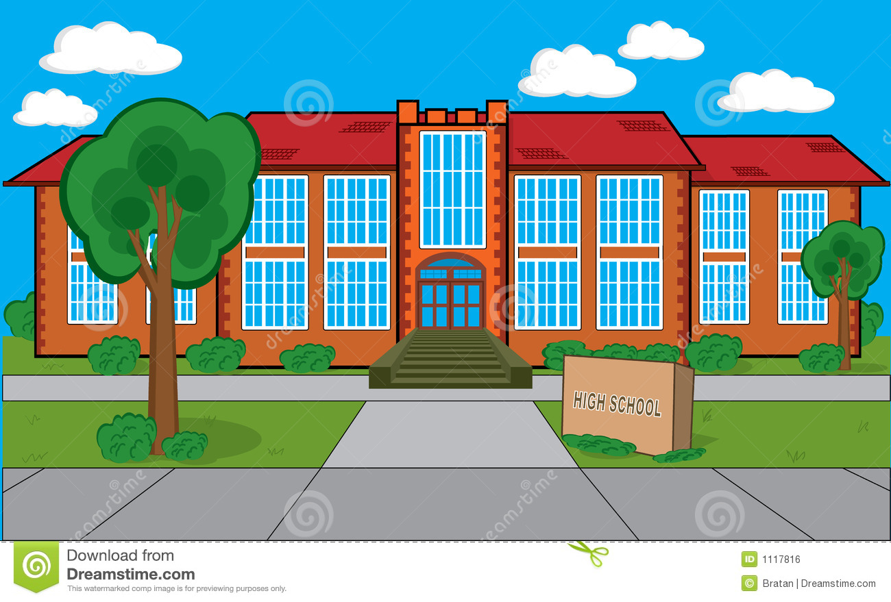 Building With Grass Trees Bus - School Images Clipart