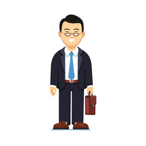Asian business man standing with suitcase vector art illustration