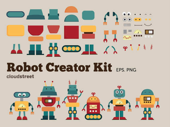 buy 2 get 1 free Cute Robots Creator Kit clip art for personal and commercial use
