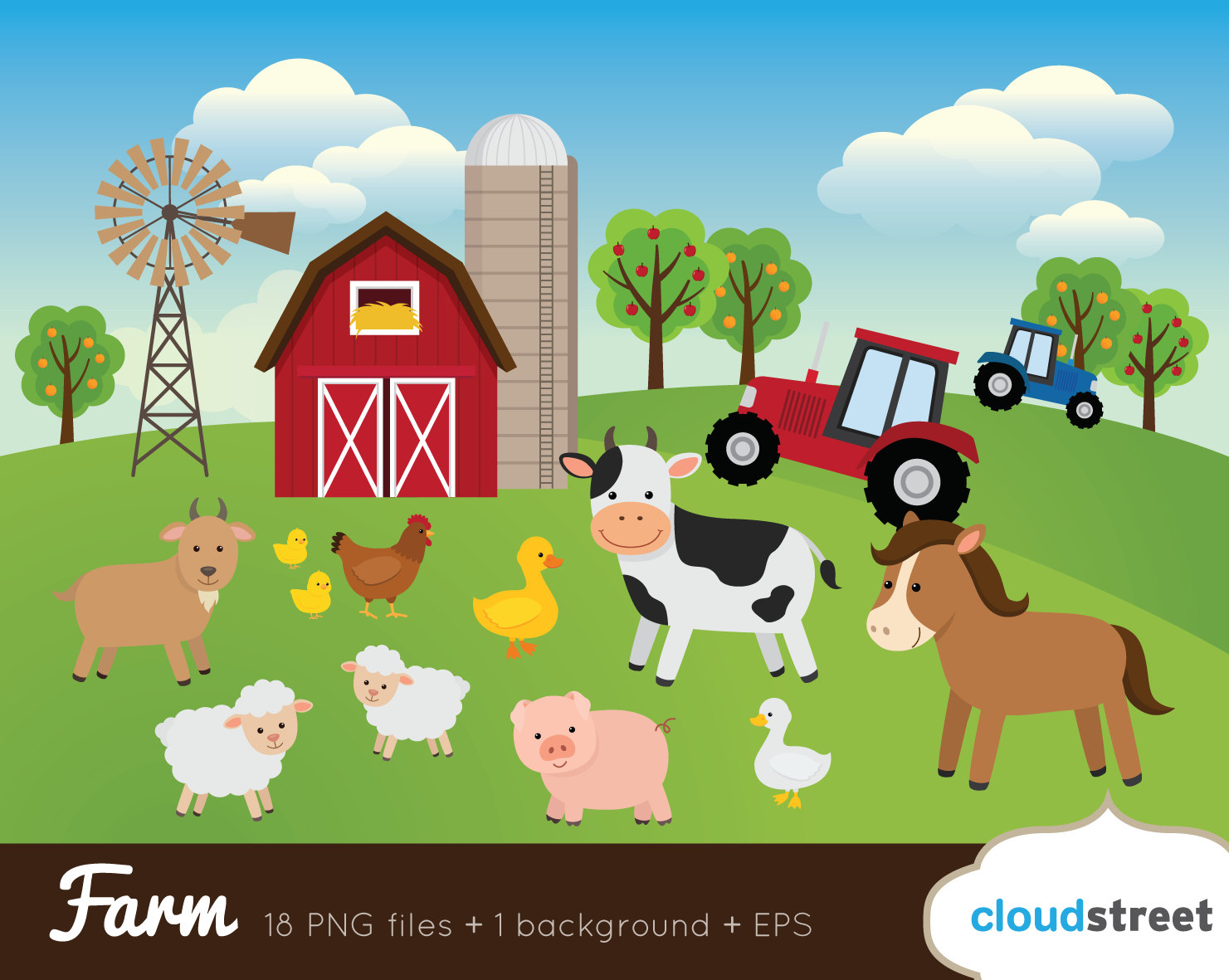 buy 2 get 1 free Farm Clip Art / Farm Animals Clipart / barnyard vector graphics illustration / barn cow sheep pig horse commercial use ok