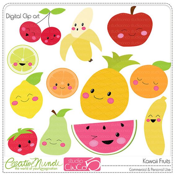 Buy 2 get 1 FREE - Kawaii Fruits - Digital Clip Art , Commercial Use Clipart