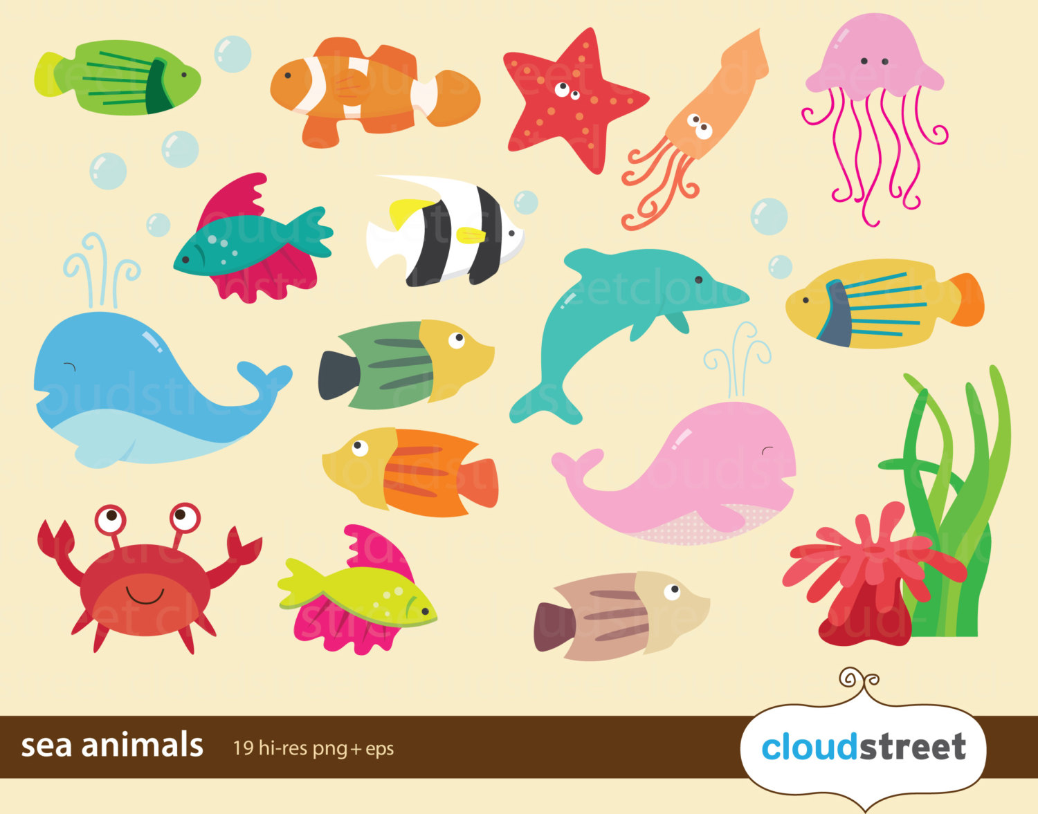 Sea Creatures Clipart Set .