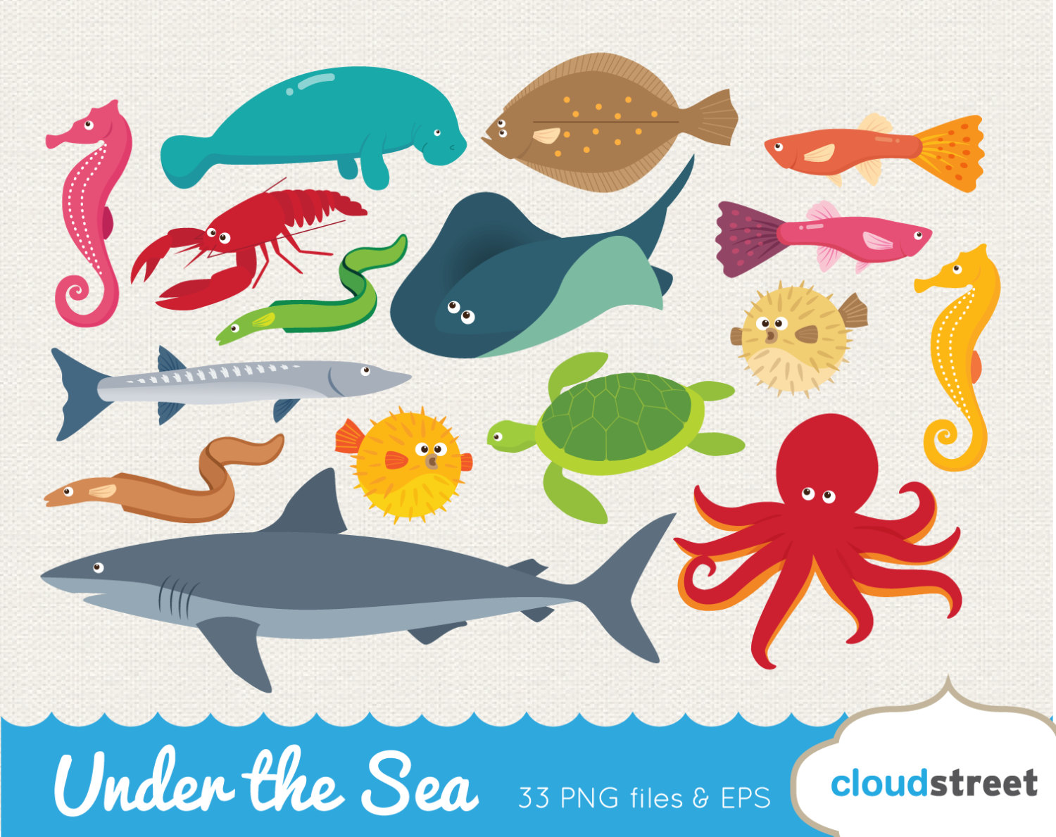buy 2 get 1 free vector under the sea clip art / sea creatures clipart puffer fish shark octopus manatee turtle stingray / commercial use ok