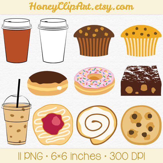 Cafe Clip Art, Digital Food Clipart, Bakery Clip Art, Iced Coffee Cup Clipart, Muffin Clip Art, Pink Donut, Brownie