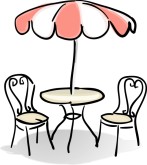Cafe Table with Red and White Umbrella Clipart