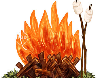 Campfire and Marshmallow Clip Art - watercolor Clip Art, Bonfire clip art, roasting marshmallows, camping clip art, camping clipart