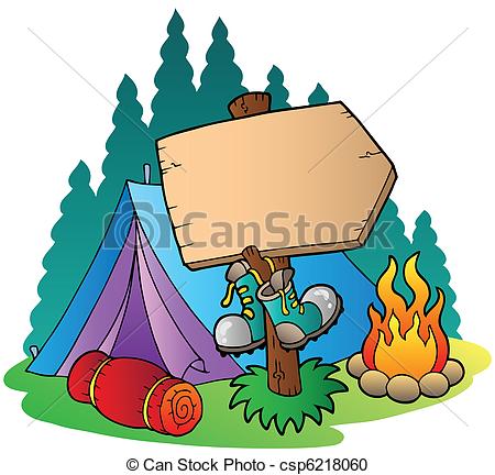 Camping wooden sign near tent - csp6218060