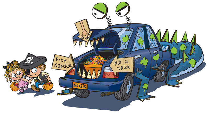 A vector clip art cartoon of two kids warily approaching a car decorated  for a trunk or treat event on Halloween. The car is decorated to look like  a ClipartLook.com 