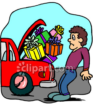 Clipart Picture of a Man Trying to Fit Too Many Packages Into His Car Trunk