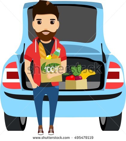 The young man puts shopping in the trunk of his car. Eco friendly products.