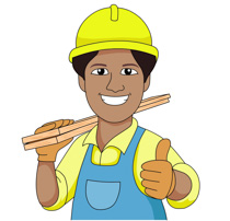 Carpenter wearing hard hat carries wood planks clipart. Size: 115 Kb