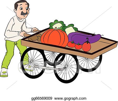 Vector of vendor pushing vegetable cart.