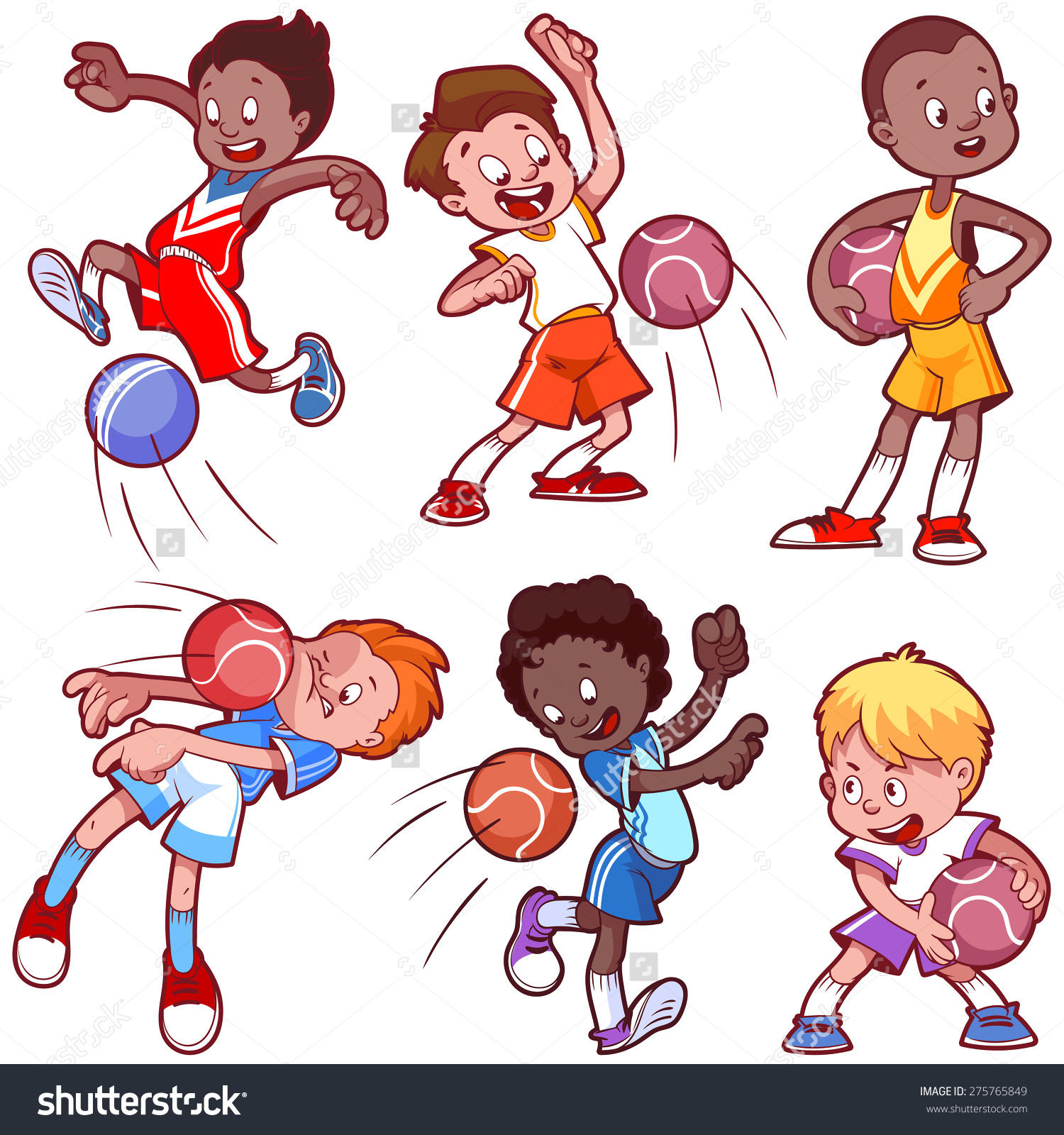 Cartoon boys playing dodgeball. Vector clip art illustration on a white background.