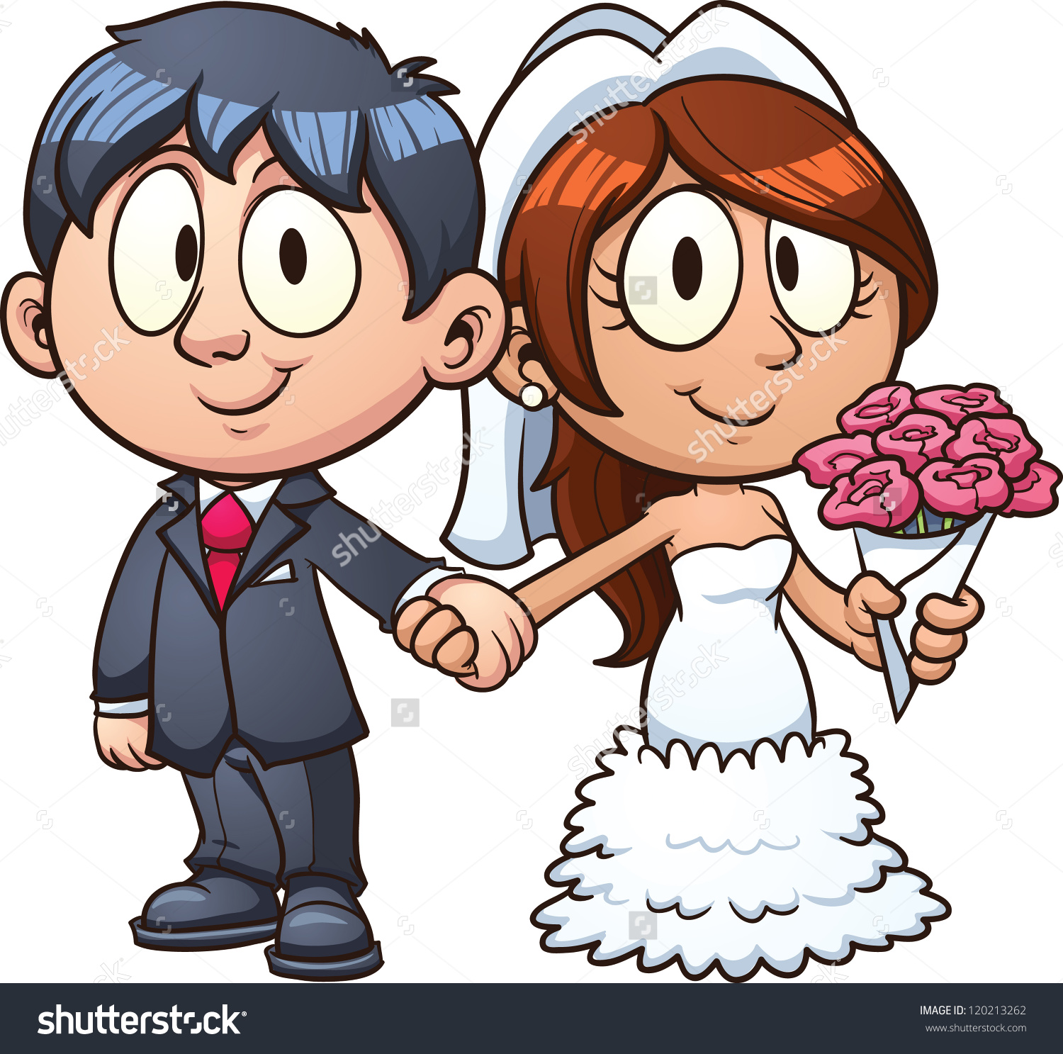 Cartoon bride and groom. Vector clip art illustration with simple gradients. All in a
