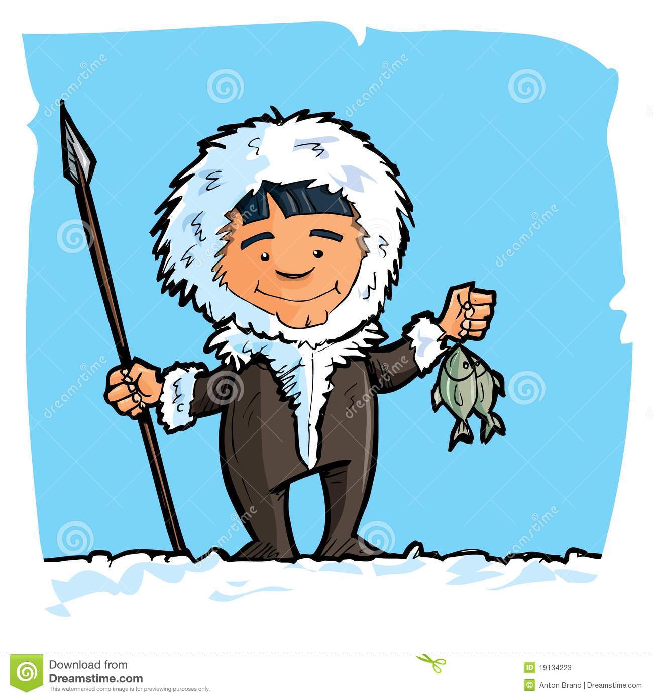 Cartoon eskimo with a spear and a fish Stock Photos