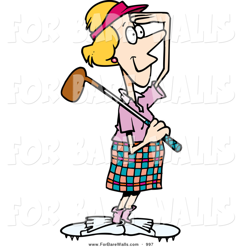 Cartoon Female Golfer Viewing Ahead Frustrated Cartoon Golfer Swinging