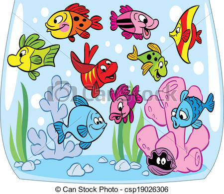 Cartoon fishes in aquarium .