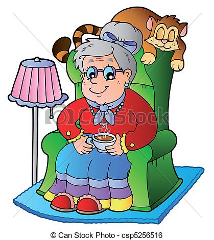 ... Cartoon grandma sitting in armchair - vector illustration.