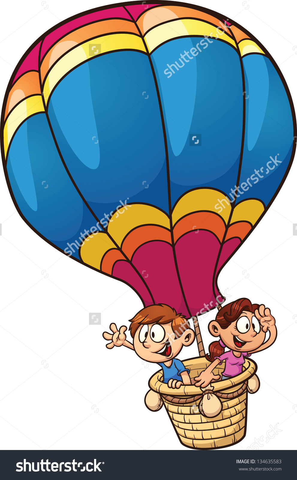 Cartoon kids riding a hot air balloon. Vector clip art illustration with simple gradients.