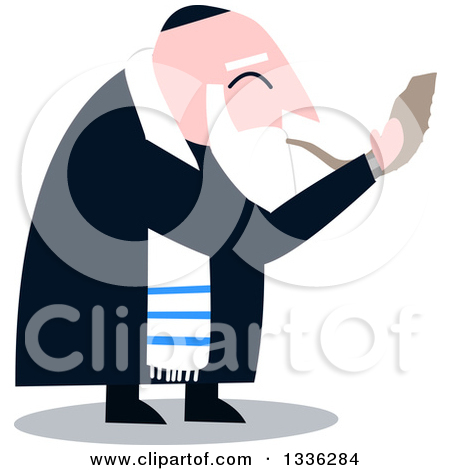 Cartoon Rabbi With Talit Blowing The Shofar The Jewish Holiday Yom Kippur by Liron Peer