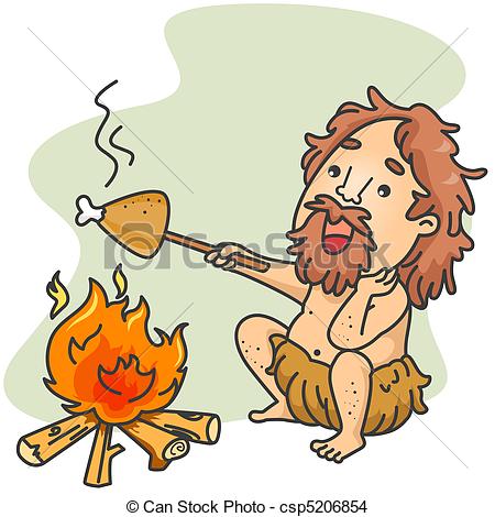 ... Caveman Cook - Illustration of a Caveman Roasting a Piece of.