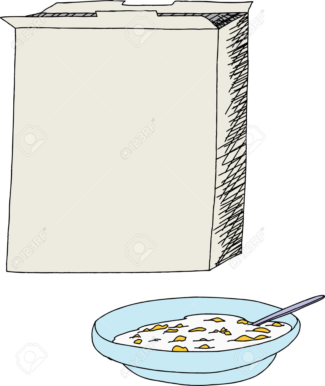 cereal box: Open cereal box with bowl of corn flakes over white Illustration