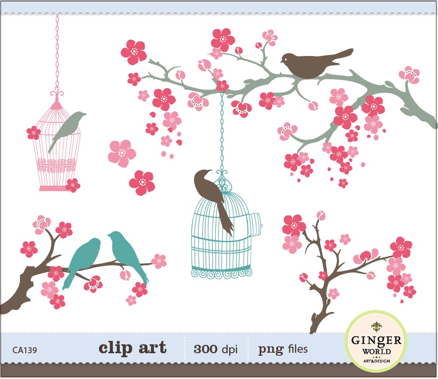 Cherry Flower Birds Clipart .