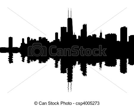 ... Chicago skyline reflected with ripples illustration