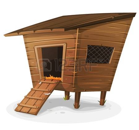 chicken coop: Illustration of a cartoon wooden farm chicken coop, with  entrance and little