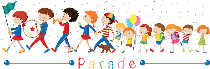 Children and the band in the parade vector art illustration