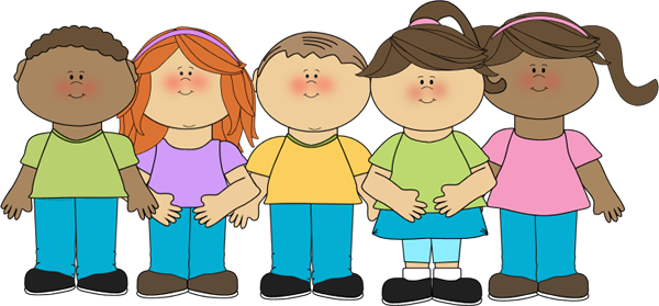 Happy Children Clip Art Image - group of happy children lined up in a row.
