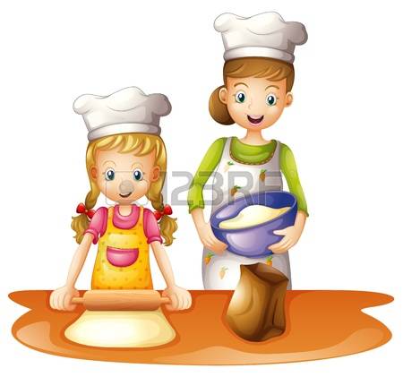 children cooking: illustration of a mother and a daughter on a white background