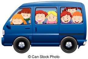 ... Children having carpool in blue van illustration