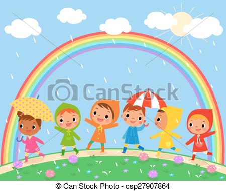 ... children walk on a beautiful rainy day - illustration of... ...
