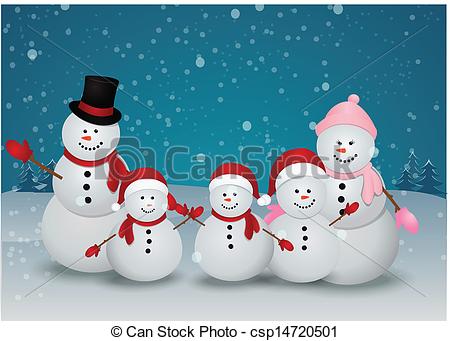 ... Christmas card with snowman family - Vector Illustration Of..