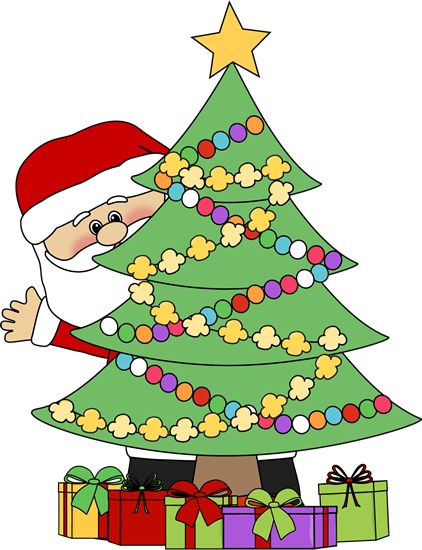 christmas clip art | Santa Behind a Christmas Tree Clip Art - Santa Claus peeking out