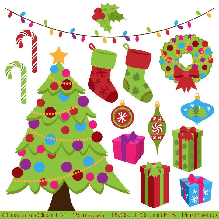 Christmas Clipart Clip Art, Holiday Clip Art Clipart with Tree, Stockings, Wreath,