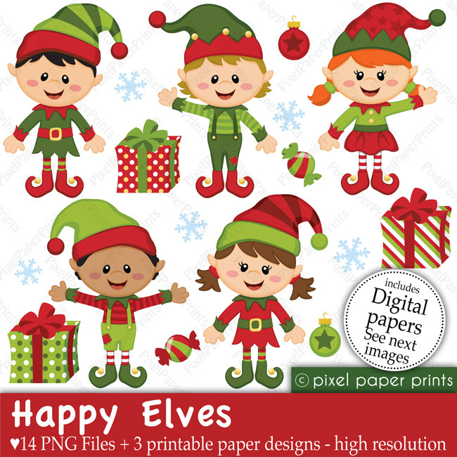 Christmas clipart - Happy Elves - Clip art and Digital paper set