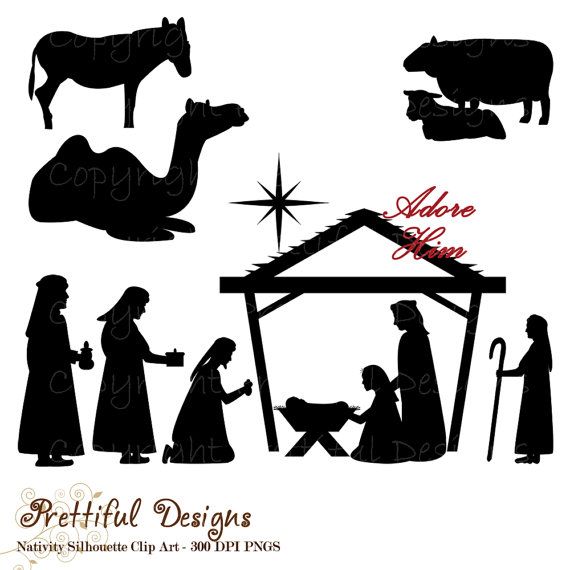 Christmas Nativity Silhouette Clip Art for Commercial Use - Wise men Shepherd Animals Extended Version