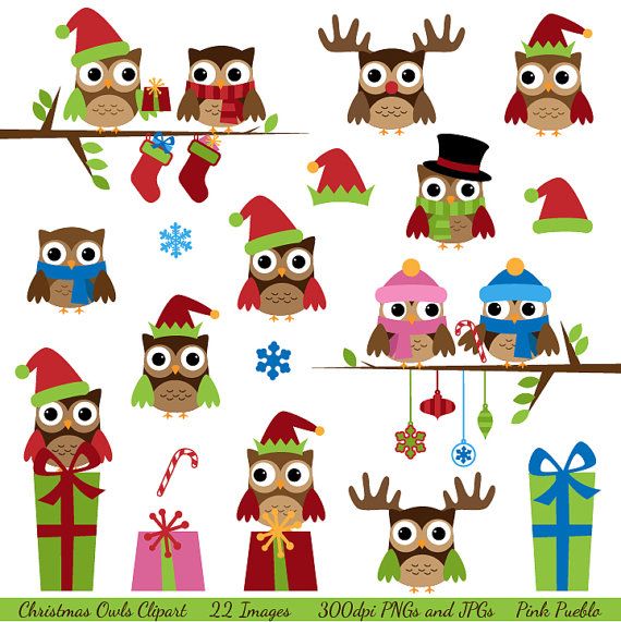 Christmas Owls Clipart Clip Art, Winter Owls Clip Art Clipart with Santa, Reindeer -