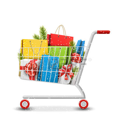 christmas shopping: Christmas Winter Sale Shopping Cart with Bags Gift Boxes and Pine Branches Isolated