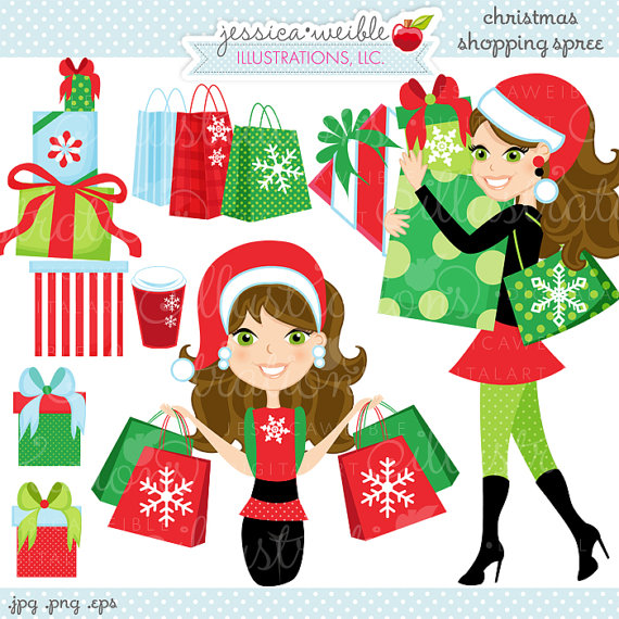Christmas Shopping Spree Brunette Cute Digital Clipart Commercial Use