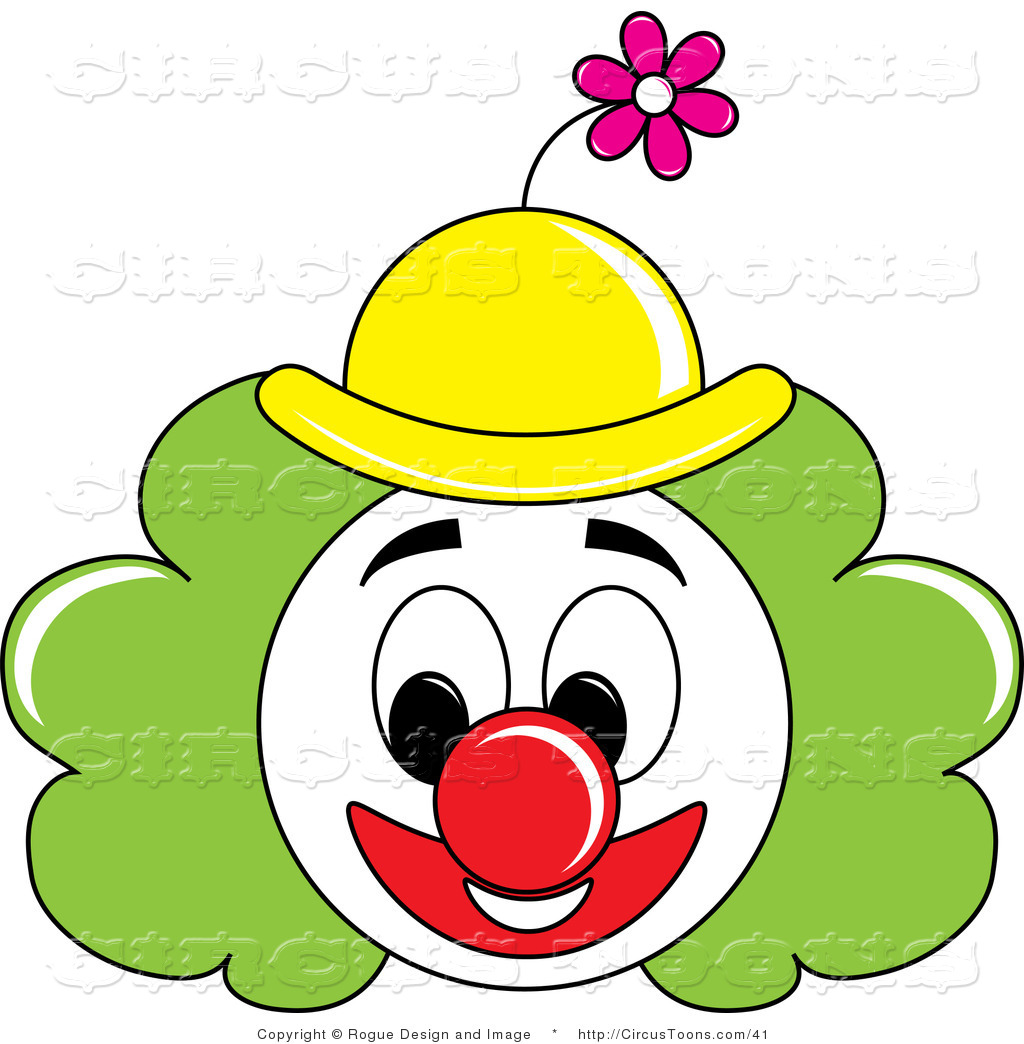 Circus Clipart Of A Grinning Painted Clown Face With Green Hair And A