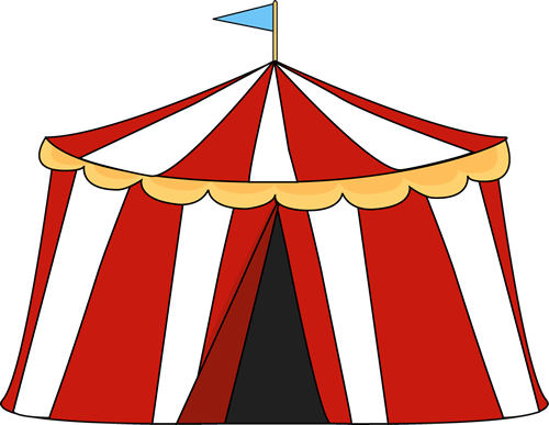 Circus Tent Clip Art Image - red and white striped circus tent with a blue flag on the top of the tent.