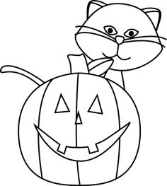 clip art black and white | Black and White Cat and Jack-O-Lantern