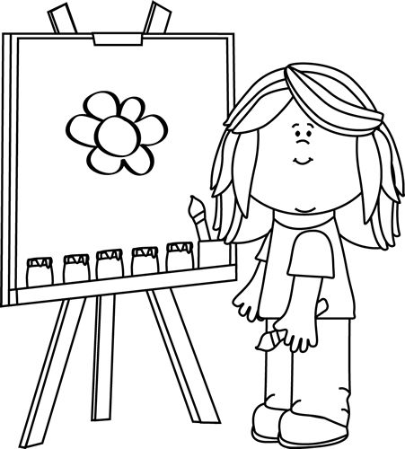clip art black and white | Black and White Girl Painting on Easel Clip Art -