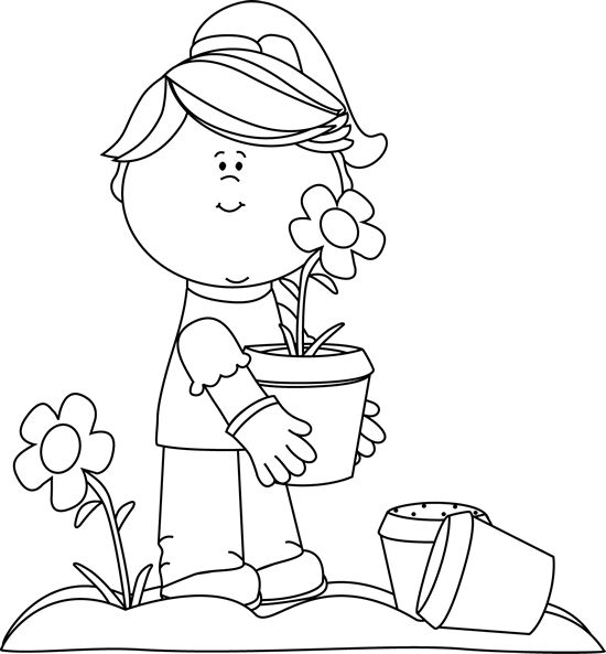 clip art black and white | Black and White Girl Planting Flowers Clip Art Image -