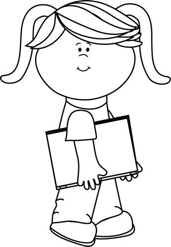 clip art black and white | Black and White Girl Walking with a Book Clip Art